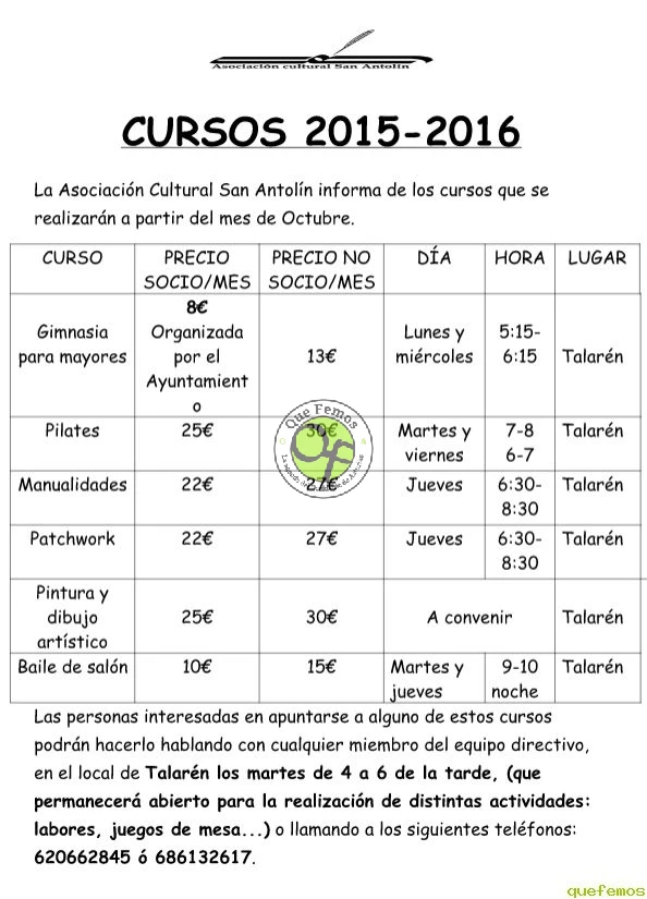 Cursos 2015-2016 de la Asociación Cultural San Antolín de Talarén