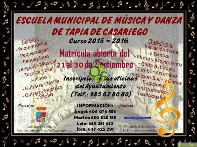 Matrícula abierta en la Escuela de Música y Danza de Tapia de Casariego: 2015-2016
