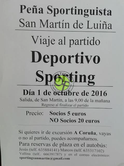 La Peña Sportinguista de San Martín de Luiña asistirá al Deportivo vs Sporting de Gijón