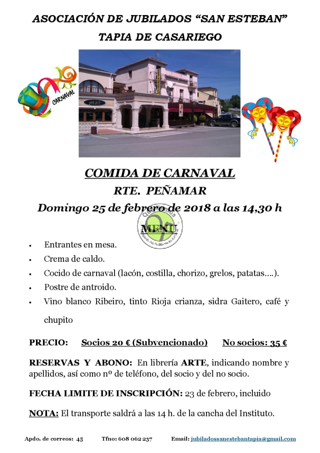 La Asociación de Jubilados San Esteban celebra su Comida de Carnaval 2018