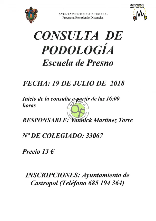 Consulta de podología en Presno: julio 2018