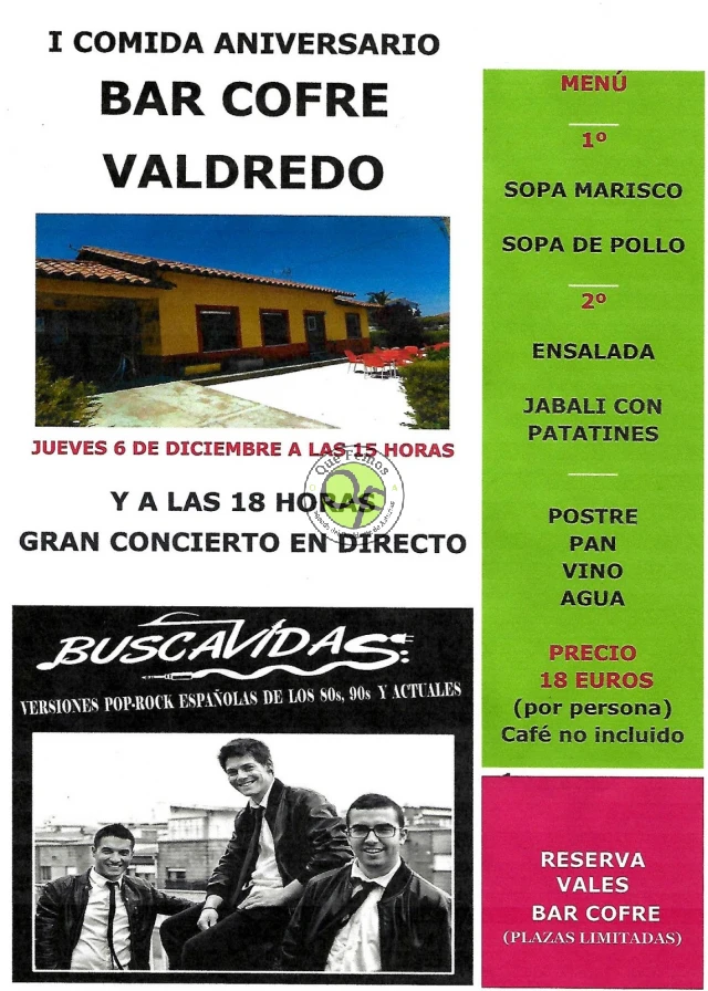 Primer Aniversario Bar Cofre en Valdredo: comida y concierto de Los Buscavidas