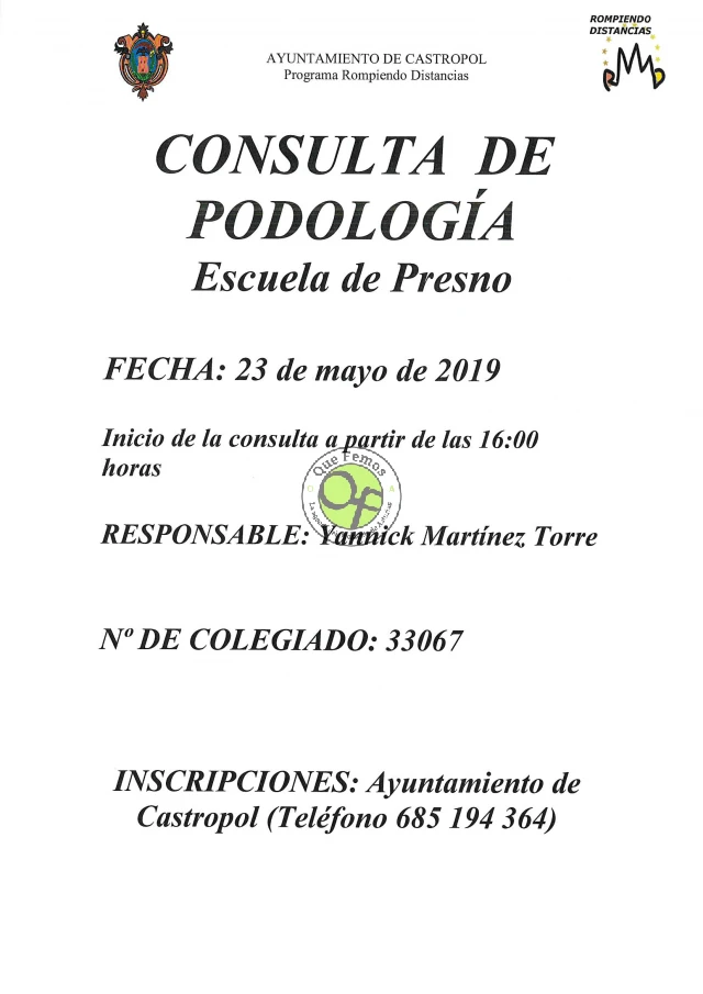 Consulta de podología en Presno: mayo 2019