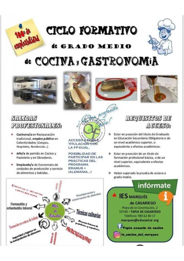 En Tapia se impartirá un Ciclo formativo de grado medio de Cocina y Gastronomía