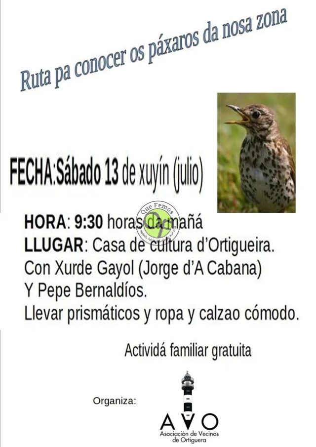 La Asociación de Vecinos de Ortiguera organiza una ruta para conocer los pájaros de la zona