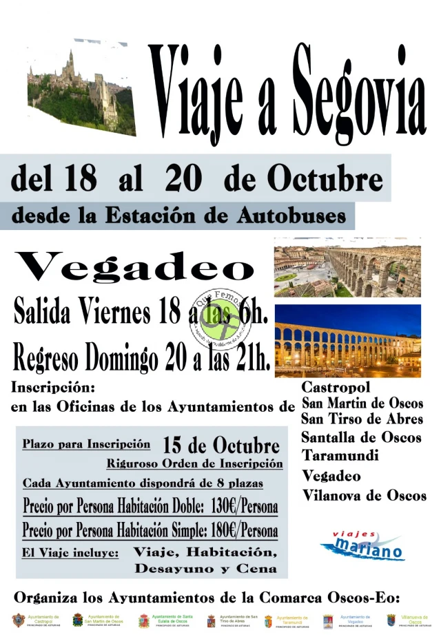 Los ayuntamientos de Oscos-Eo organizan un viaje a Segovia