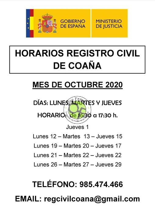 Horario del Registro Civil de Coaña: mes de octubre
