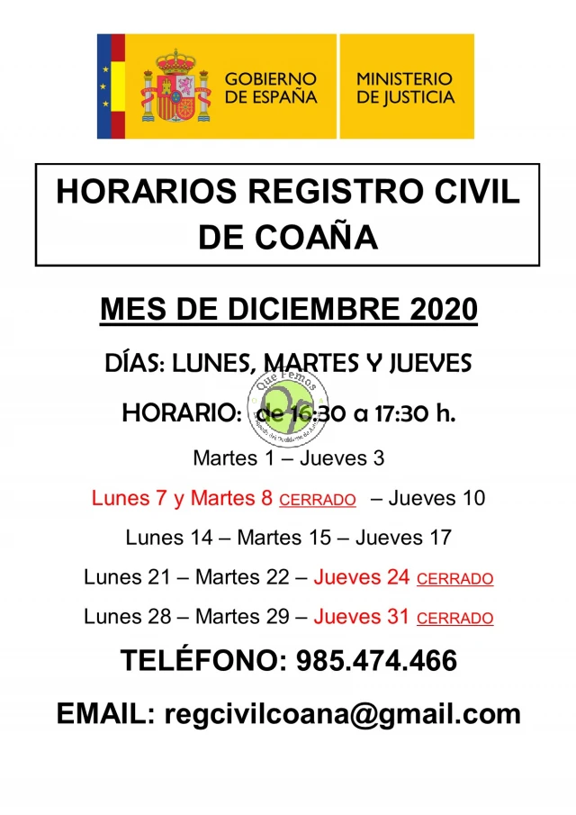 Horarios del Registro Civil de Coaña: mes de diciembre