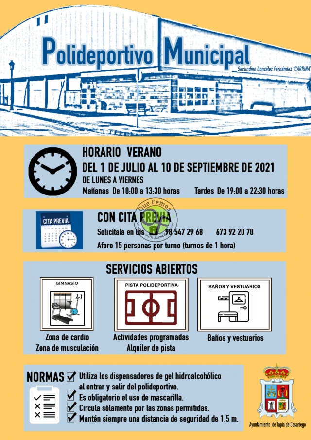 Horarios del polideportivo, biblioteca y telecentro de Tapia: verano 2021