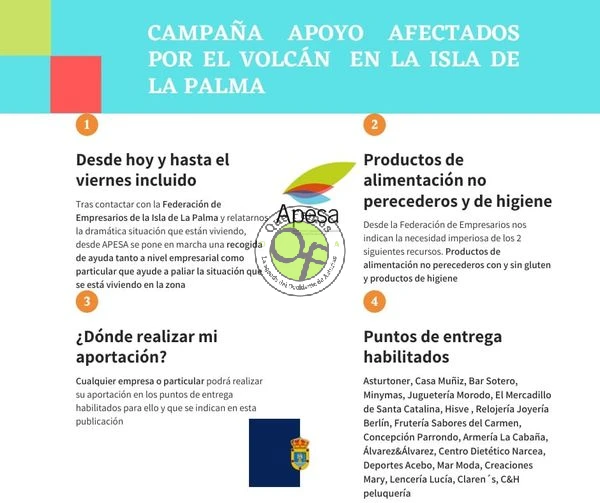 APESA inicia una campaña solidaria en apoyo a los afectados por el volcán de La Palma