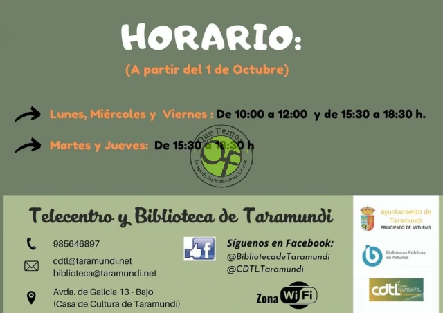 Horario del Telecentro y Biblioteca de Taramundi desde octubre