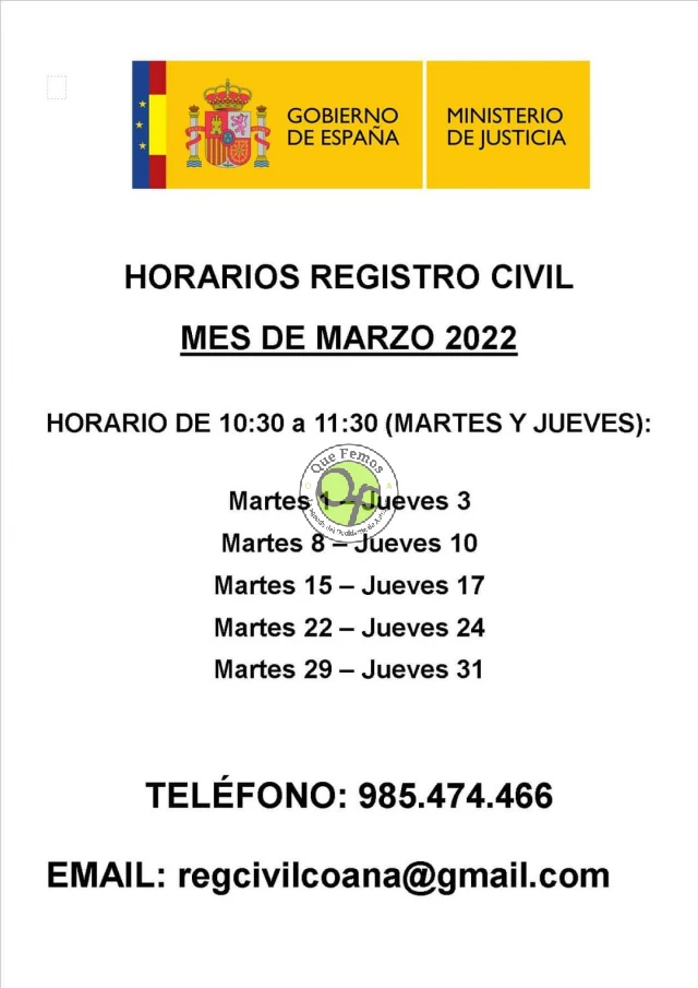 Horarios del Registro Civil de Coaña: marzo 2022