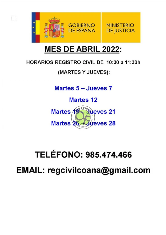 Horarios registro civil Coaña: abril 2022