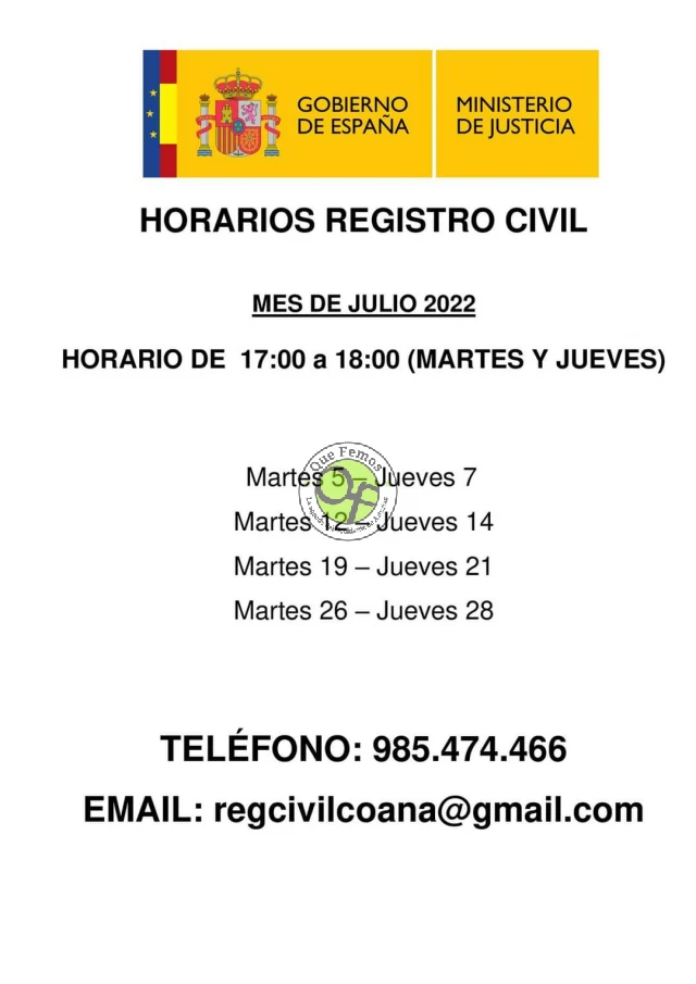 Horarios del Registro Civil de Coaña: mes de julio