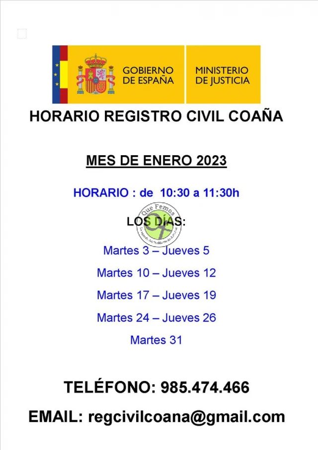 Horarios del Registro Civil de Coaña: mes de enero