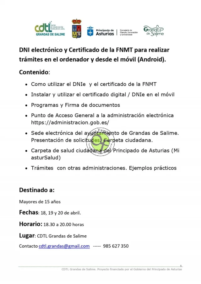Taller en el CDTL de Grandas: DNI electrónico y Certificado de la FNMT para realizar trámites