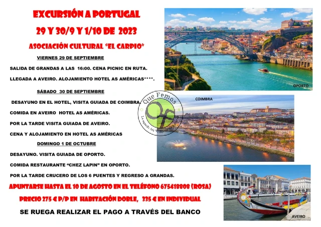 La Asociación Cultural El Carpio de Grandas, organiza un viaje a Portugal