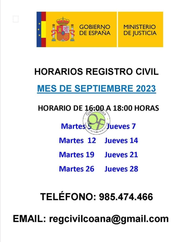 Horarios del Registro Civil de Coaña: mes de septiembre