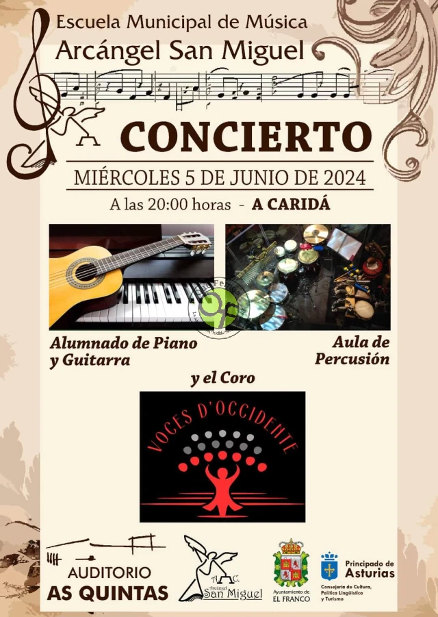 La Escuela Municipal de Música Arcángel San Miguel y el Coro Voces d´Occidente ofrecen un concierto en A Carid