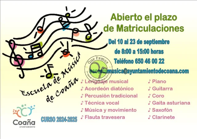 Abre el plazo de matrícula para la Escuela de Música de Coaña