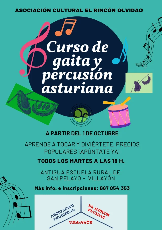 Curso de gaita y percusión asturiana en San Pelayo