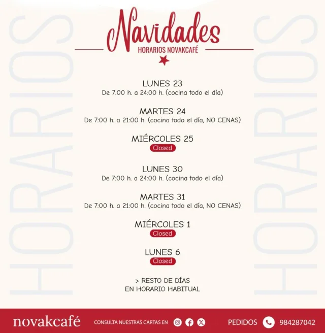 Horarios especiales de Novak Café en Navidades