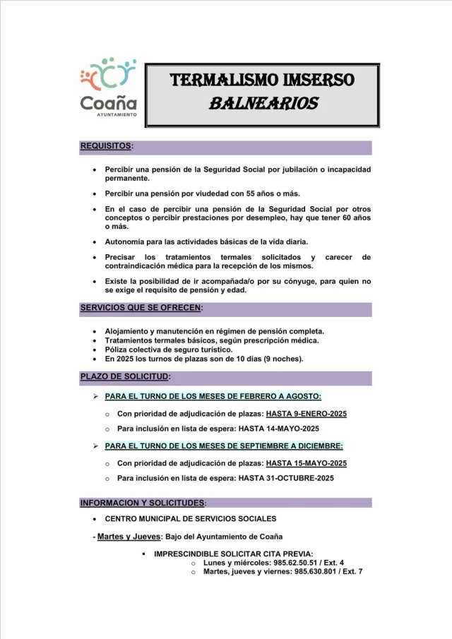 Coaña inicia el programa del Termalismo Imserso Balnearios 2025