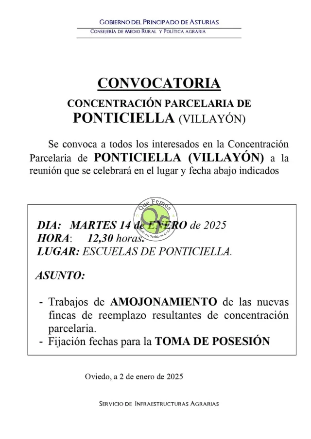 Convocatoria para la concentración parcelaria de Ponticiella