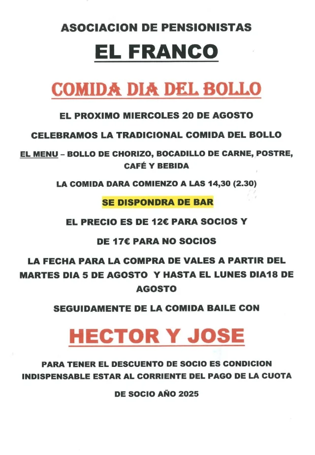 Comida del Día del Bollo 2025 de la Asociación de Pensionistas El Franco