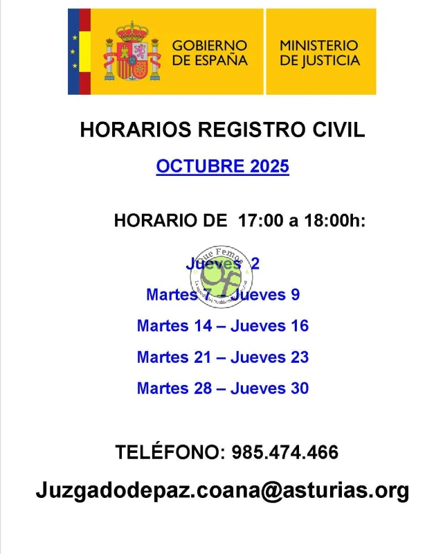 Horarios del Registros Civil de Coaña: octubre