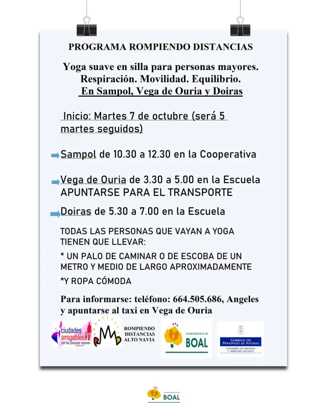 Yoga suave en silla para personas mayores en estas localidades de Boal