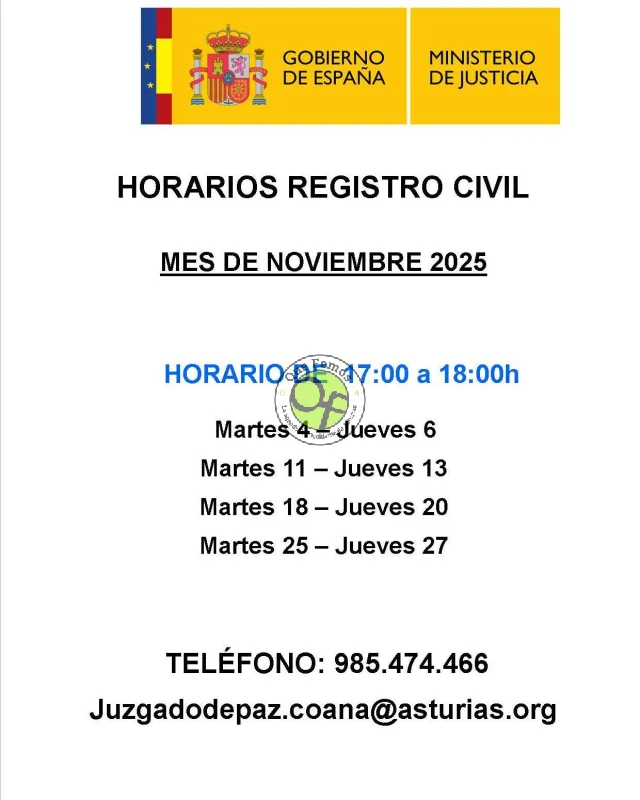 Horarios del Registro Civil de Coaña: mes de noviembre