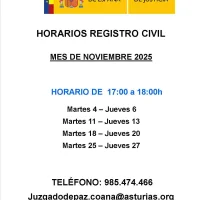 Horarios del Registro Civil de Coaña: mes de noviembre