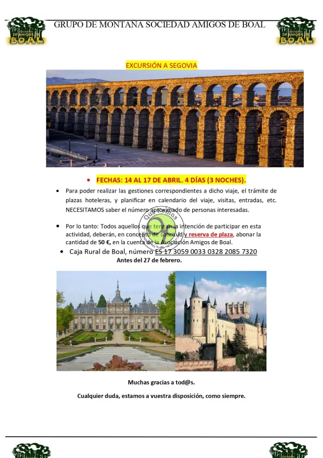 El Grupo de Montaña Sociedad Amigos de Boal organiza un viaje a Segovia