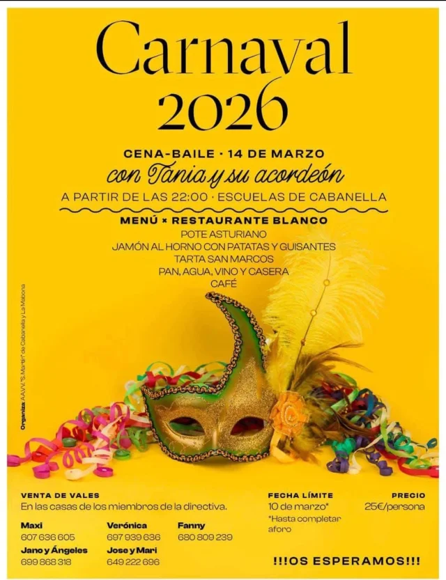 Carnaval 2026 en Cabanella con cena-baile