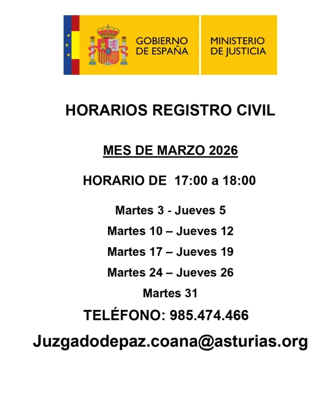 Horario del Registro Civil en Coaña durante marzo 2026