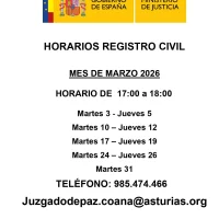 Horario del Registro Civil en Coaña durante marzo 2026