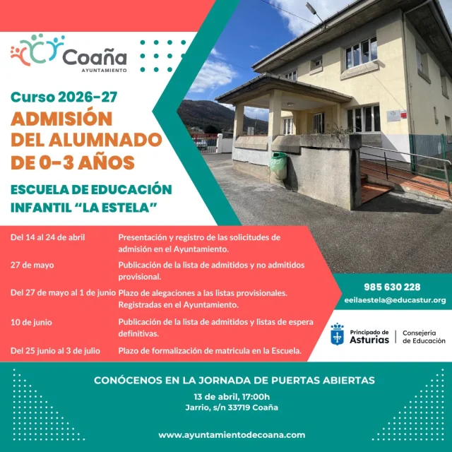Calendario del proceso de admisión para el curso 2026-2027 en la EEI La Estela de Coaña