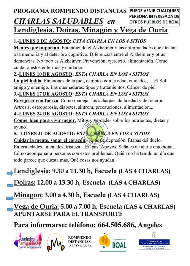 El Programa Rompiendo Distancias de Boal organiza una serie de charlas saludables en distintos puntos del concejo