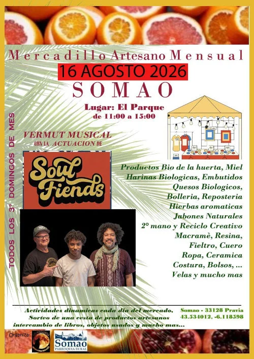 Mercadillo Artesano Mensual de Somao en agosto contará con concierto de Soul Fiends