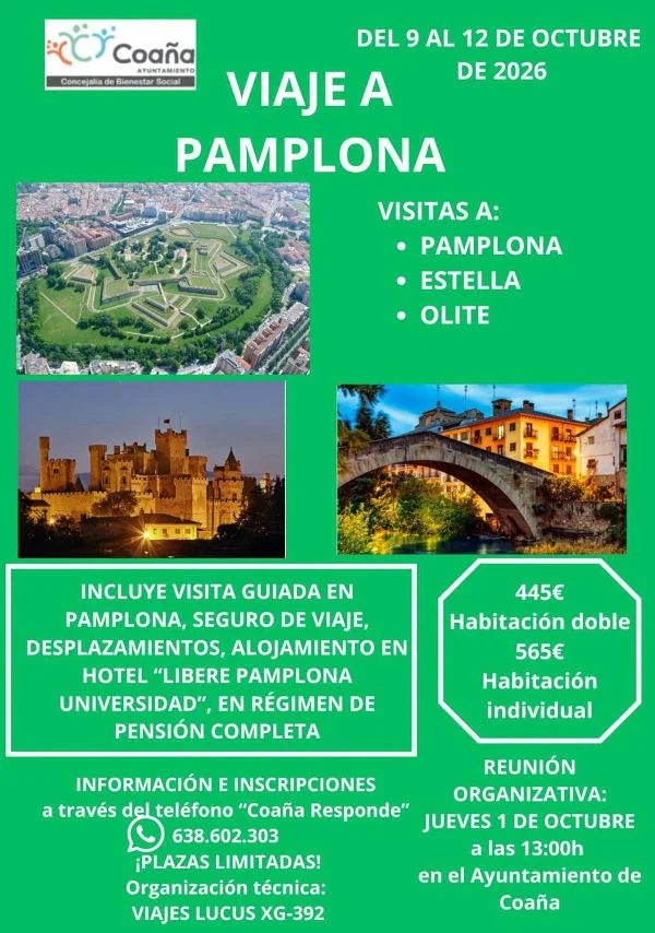 Coaña organiza un viaje a Pamplona, Estella y Olite para el Puente del Pilar