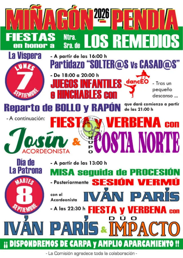 Fiestas de Nuestra Señora de los Remedios 2026 en Miñagón y Pendia