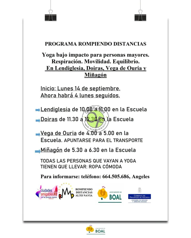 El Programa Rompiendo Distancias del Ayuntamiento de Boal vuelve con yoga de bajo impacto